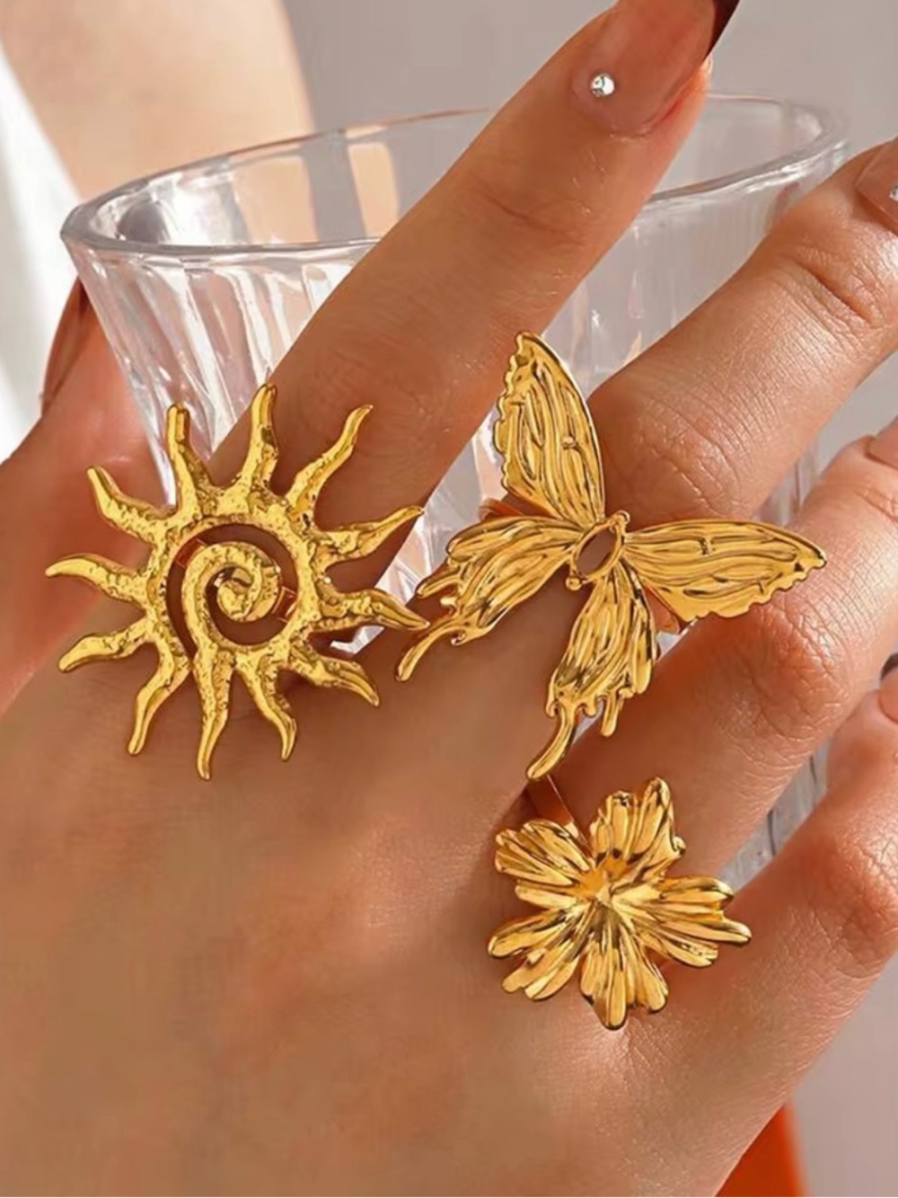 18k Gold plated Sun, Butterfly & Flower Open Ring Set 3 pieces set